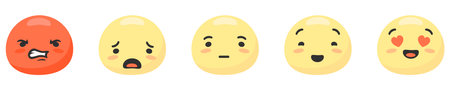 Round yellow smiley faces expressing set. Positive and negative emotions red anger with happiness and confusion sadness of emoticons or facial vector expressions.のイラスト素材