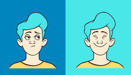 Skeptical and joyful cartoon guy. Dissatisfied and thoughtful man with fashionable hairstyle is...