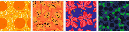 Floral and fruit seamless pattern. Ornaments of oranges and red flowers with dark blueberries for...