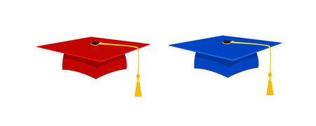 Graduate red and blue caps set. Education cap with square brim to celebrate successful graduation from school and college with academic success vector uniformのイラスト素材