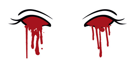 Blood flowing from eyes. Creepy monster face with bloody streaks for halloween zombie and demonic creature vector designのイラスト素材