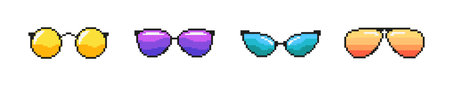 Pixel colored sunglasses set. Stylish purple optical accessories for yellow everyday wear and sun protection with geometric vector shaped lensesのイラスト素材