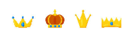 Pixel gold crowns and tiaras set. Luxurious jewelry for kings and princes with 8bit monarchical design and vintage gemstones with royal vector styleのイラスト素材