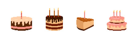 Pixel birthday cakes with candles set. Colorful chocolate cream pies for happy celebration with...