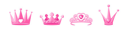 Pink crowns and tiaras set. Luxurious jewelry for queens and princes with hearts monarchical design and vintage gemstones with royal vector styleのイラスト素材