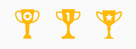 Gold cups trophies with star and one set. Award prize for first places in sports and office games as symbol of champion and celebration of vector victoryのイラスト素材