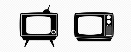 Old tv template. Vintage equipment with blank screen for video broadcasts and films with an retro design and classic analog vector antennaのイラスト素材
