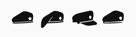 Military headdresses icon. Caps and black berets of soldiers and officers with professional emblems of troops and units for protection and vector recognitionのイラスト素材