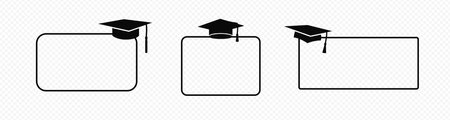 Graduate caps with frame. Black cap with square brim to banner celebrate successful graduation from school and college with academic success vector uniformのイラスト素材
