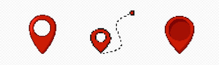 Red pixel web map pointer set. Direction and 8bit waypoint symbol with position navigation and global location search for vector travelのイラスト素材