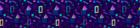 Geometric blue memphis 3d seamless pattern. Tracery with abstract purple pyramid and square lines with yellow triangle colorful retro vector decoration.のイラスト素材
