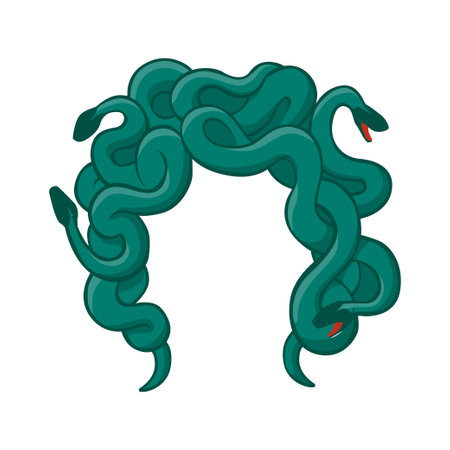 Hair wig from gorgon snakes template. Greek ferocious woman monster turning people to stone with mystical design for halloween and fantasy vector partiesのイラスト素材