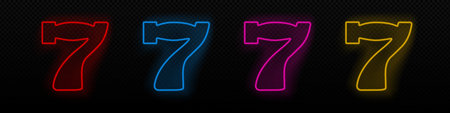 Lucky seven neon vector icon. Three 7 jackpot glowing laser lamp symbolのイラスト素材