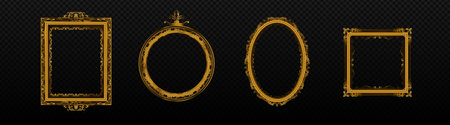 Gold vintage frames with ornaments set. Elegant rectangular and round banners for photos and paintings with luxurious victorian design and antique baroque vector styleのイラスト素材