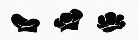 Black chefs hats set. Kitchen chef headwear for food preparation and cooking with professional folds and trendy vector gourmet designのイラスト素材