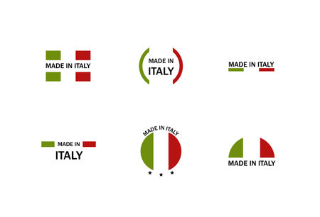 Made in italy labels set. Business production sticker with italian flag for sale and discounts for product design and vector bannersのイラスト素材