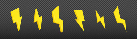 Yellow 3d and 2d lightning icon set. Symbol of electricity and danger with energy shock and fast...
