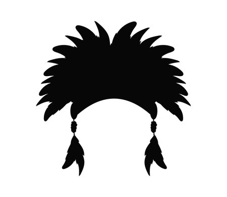 Indian headdress with feathers silhouette. Apache ethnic hat for war and ritual culture with tribal elements and traditional vintage vector embroideryのイラスト素材