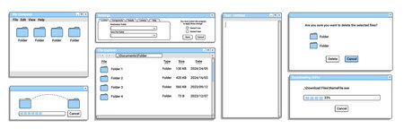 Set of old window for operating system on blue color. Digital loading bar. Retro explorer for computer.のイラスト素材