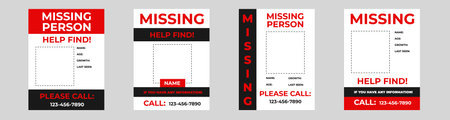 Set of missing person posters in red style with warning information. Wanted poster template