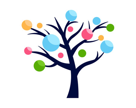Decision tree icon with colorful circles on branch. Abstract tree in minimalistic style.のイラスト素材