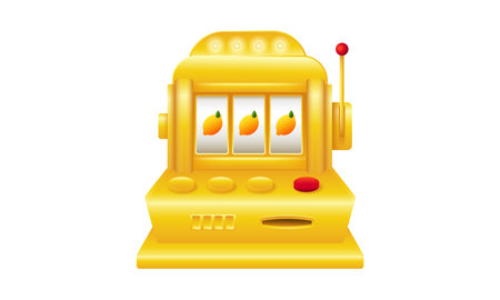 Golden slot machine with lemon. Lucky machine for casino and gambling. Fortune lever with jackpot.のイラスト素材