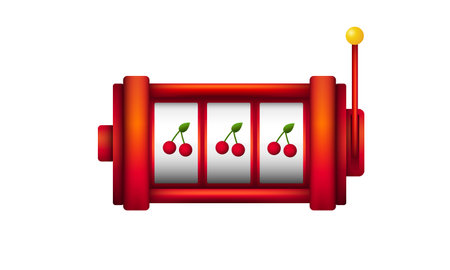 Red slot machine with cherry. Lucky machine for casino and gambling. Fortune lever with jackpot.のイラスト素材