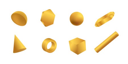 Golden geometric 3d shapes set. Cylinders with hexagon and triangle as modern design elements with object of simple vector constructionsのイラスト素材