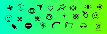 Vintage-inspired pixel set in black, with icons such as cursors, hearts, and explosive particles, ideal for creating retro game interfaces and abstract web graphics.のイラスト素材