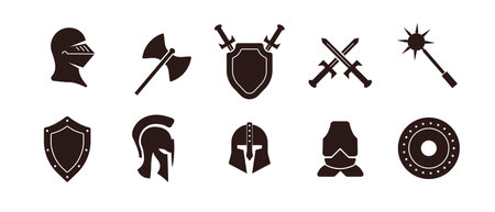 A minimalistic red and brown warrior icon featuring a helmet, sword, and shield, symbolizing medieval chivalry, antique battles, and Greek or Roman fighters.のイラスト素材