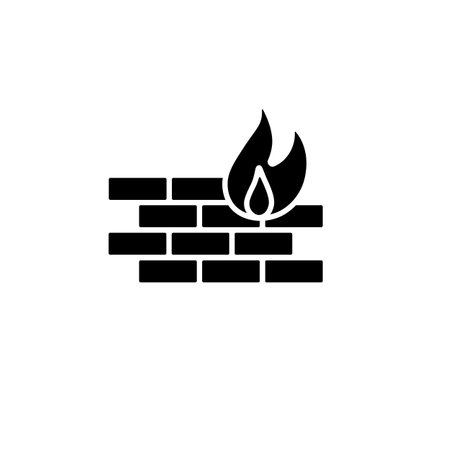 A solid black firewall icon featuring a brick wall and flame. Represents network security, protection, and cybersecurity.の写真素材
