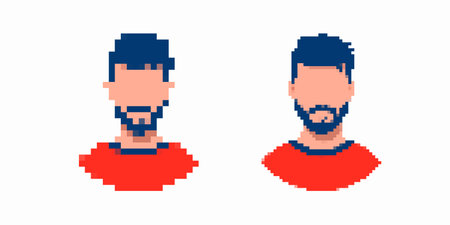 Two pixelated male avatars wearing red shirts, featuring dark blue hair and beards. Designed in a retro 8bit styleのイラスト素材