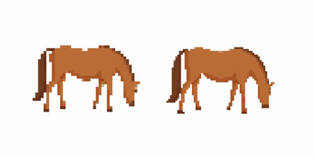 Two pixelated horses grazing, showcasing a simplified style reminiscent of classic retro video games.のイラスト素材