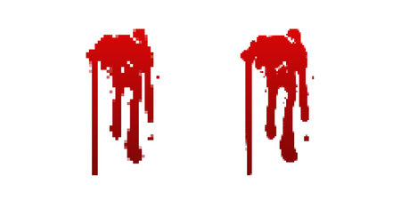 Two eerie pixel style blood splatters with long, trailing drips. The left appears more solid, while the right looks more splattered and chaotic. Ideal for horror, crime, and thriller visuals, evoking gore, violence, and eerie atmospheres.のイラスト素材