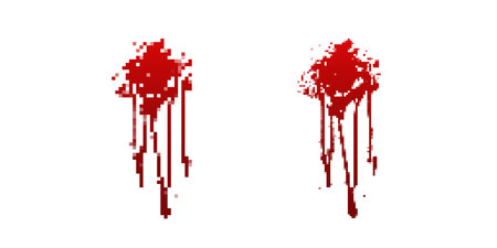 Red pixel style blood splatter with long dripping streaks, creating a horror and gore-inspired aesthetic. Perfect for retro games, dark-themed art, or spooky visuals.のイラスト素材
