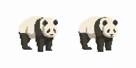 Two pixel art pandas with simplified black and white features in a stylized and blocky design.のイラスト素材