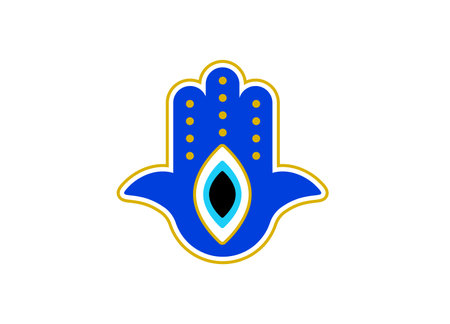 Blue hamsa hand with an eye design and yellow dots for protection and good luck in various cultures.のイラスト素材