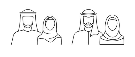 A minimalistic outline logo of a Muslim family, featuring a man and woman in traditional Arabian dress, symbolizing faith, culture, and community.のイラスト素材