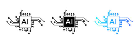 A modern AI icon with a digital circuit chip, representing artificial intelligence, cybernetics, and virtual systems, perfect for technology and web platforms.のイラスト素材