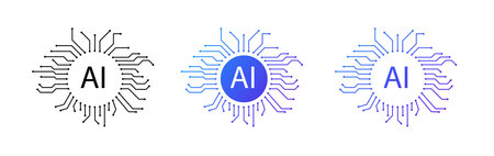 A modern minimalistic blue AI logo with a circular design and circuit patterns, symbolizing innovation, virtual networks, and futuristic technology for digital systems.のイラスト素材