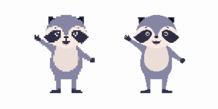 Two adorable raccoons in pixel style are waving cheerfully with smiling faces and pointed ears, showcasing their friendly nature.のイラスト素材