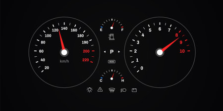Car dashboard showing speedometer, tachometer, fuel, and temperature with various warning icons.のイラスト素材