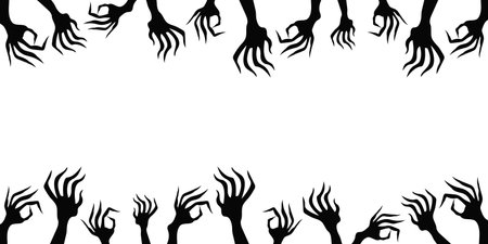 Creepy black clawed hands emerging from shadows, great for Halloween horror decorations and party designs.のイラスト素材