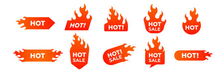 Set of various red hot sale labels with flames and bold text, perfect for promotional design.のイラスト素材