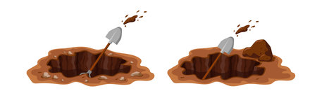 Two shovels stuck in dirt beside rocks and deep holes, symbolizing outdoor digging work.のイラスト素材
