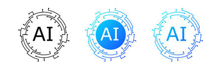 A futuristic blue AI logo featuring a circular design with neuron like circuits, symbolizing digital networks, virtual intelligence, and technological optimization.のイラスト素材