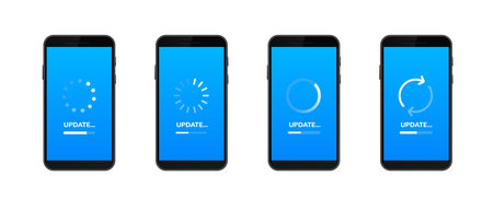 Four smartphones show different loading animations while undergoing software updates.のイラスト素材