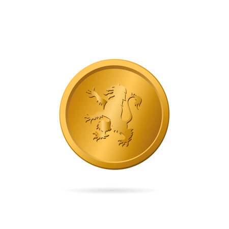 A vector emblem of a gold lion in a heraldic pose, representing Scottish dynasty, finance, and royal authority, ideal for currency-inspired designs and cultural decoration.のイラスト素材