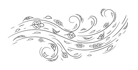 Black line art shows wind with swirling leaves, capturing movement and nature in a simple way.のイラスト素材