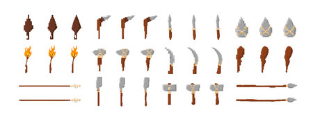 A variety of pixel art weapons and tools with different shapes and designs. includes axes and spears.のイラスト素材